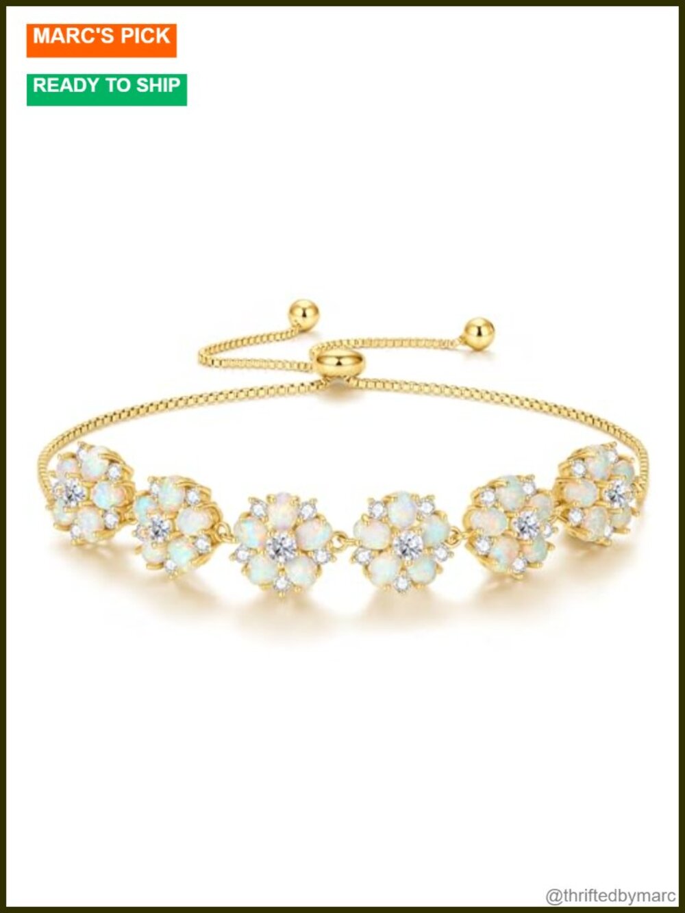 Flower Opal Tennis Bracelet 14k Gold Plated Adjustable CZ Dainty Gift